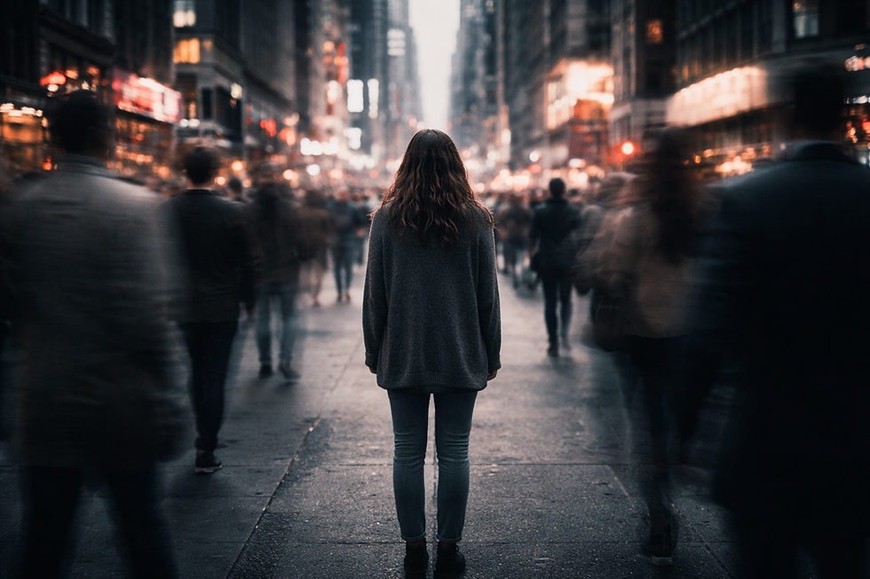 Eine Frau steht allein in einer belebten Grossstadtstrasse, waehrend die Menschen um sie herum verschwommen vorbeiziehen, sie wirkt still und isoliert mitten im Trubel der Stadt.