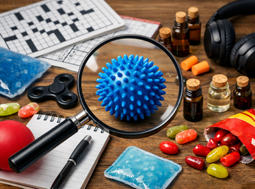 Verschiedene Skill-Gegenstände liegen auf einem Tisch, zentral eine Lupe, die einen blauen Igelball vergrössert zeigt und gezielte Auswahl symbolisiert.