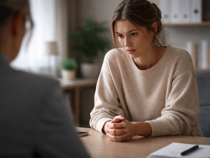 Eine junge Frau sitzt in einem Konfrontationsgespräch an einem Tisch. Ihre Körperhaltung wirkt angespannt, die Hände sind fest ineinander gelegt. Die zweite Person bleibt unscharf im Hintergrund, während die innere Anspannung der Frau deutlich sichtbar ist.