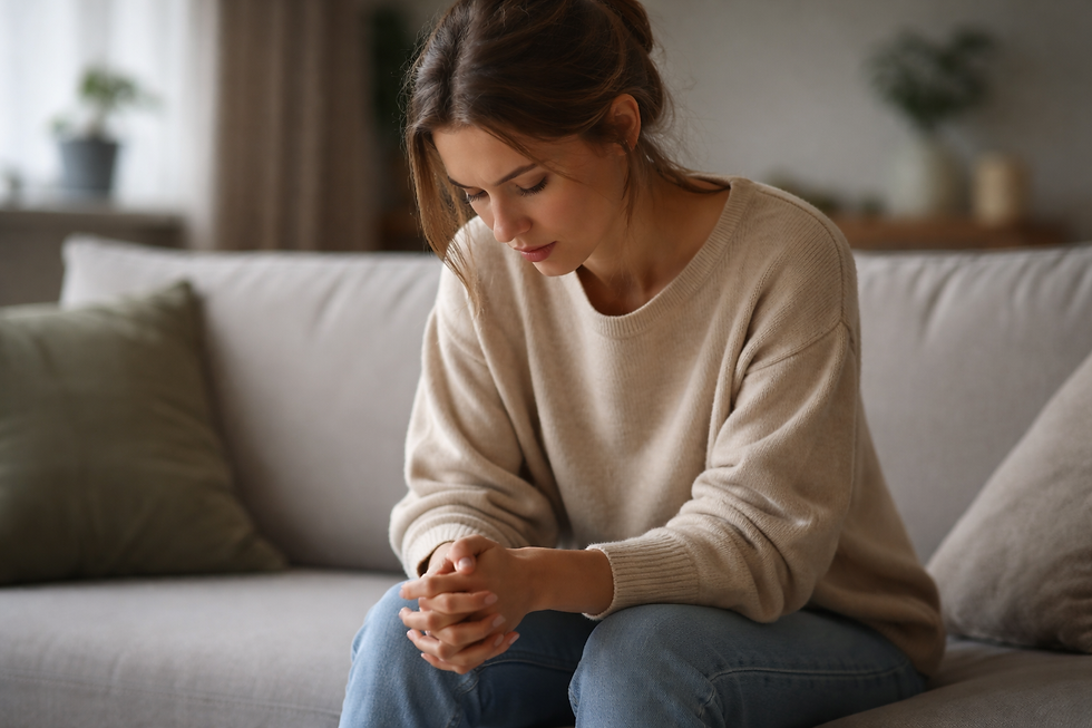 Eine junge Frau sitzt still auf einem Sofa, die Schultern leicht nach vorne gezogen, die Hände fest ineinander gelegt. Trotz der ruhigen Umgebung ist ihre innere Anspannung deutlich spürbar.