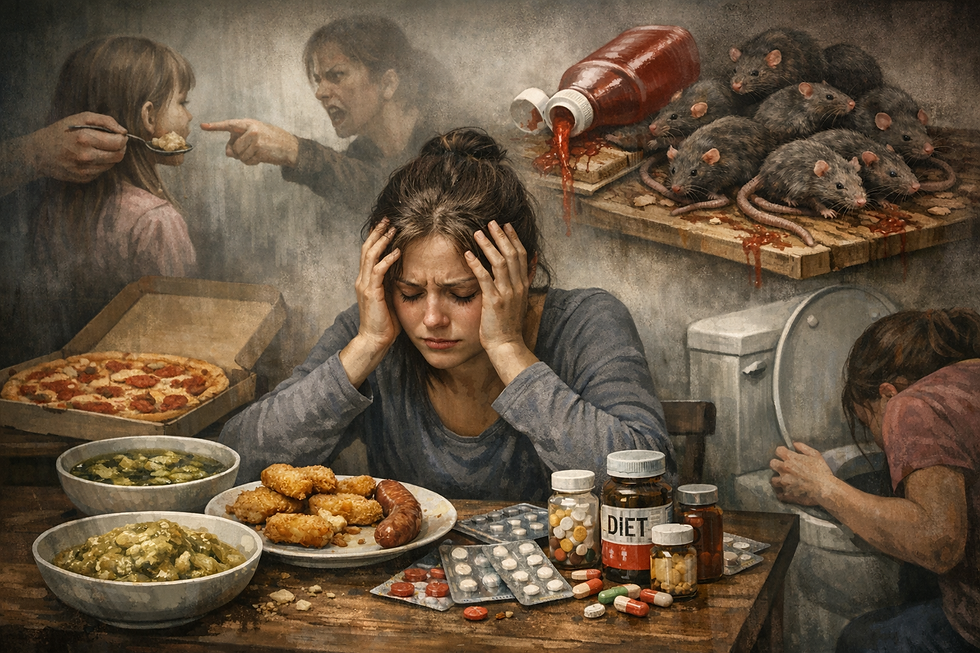 Eine junge Frau sitzt an einem Tisch und hält sich mit beiden Händen den Kopf. Ihr Gesicht wirkt angespannt und überfordert. Um sie herum liegen verschiedene Lebensmittel, Tabletten und Essensreste. Im Hintergrund sind schemenhaft belastende Kindheitsszenen und angstausloesende Bilder angedeutet, die Ekel, Druck und innere Angst widerspiegeln.