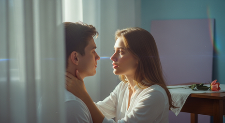 Eine Frau blickt einen Mann intensiv und bewundernd an, ihre Hände liegen an seinem Hals, der Fokus liegt vollständig auf ihm.