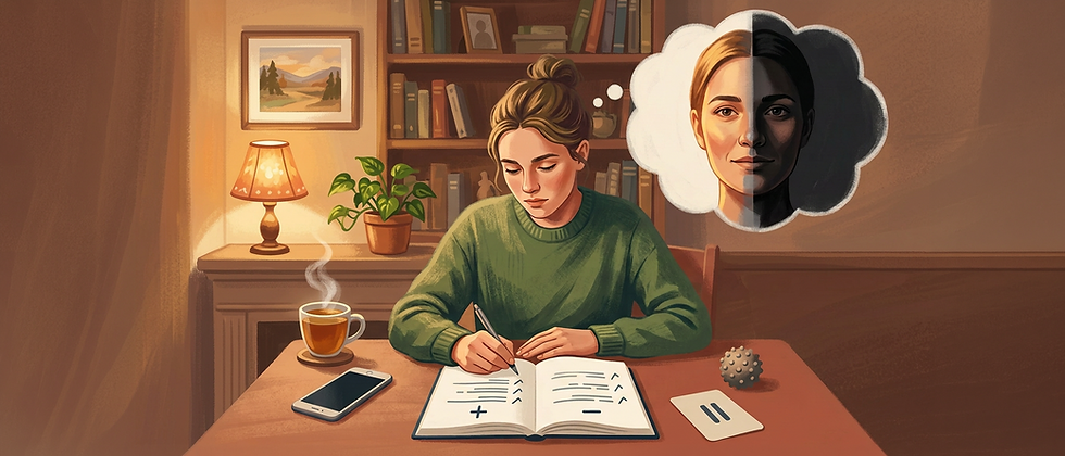 Illustration einer jungen Frau, die eine Pro und Contra Liste erstellt, während sie in einer Gedankenblase einen Menschen halb hell und halb dunkel wahrnimmt.