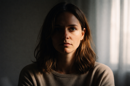 Eine Person im Portraitformat, deren Gesicht zur Hälfte im weichen Licht und zur Hälfte im Schatten liegt. Der Gesichtsausdruck ist ruhig und neutral, der Hintergrund unauffällig und zurückhaltend.