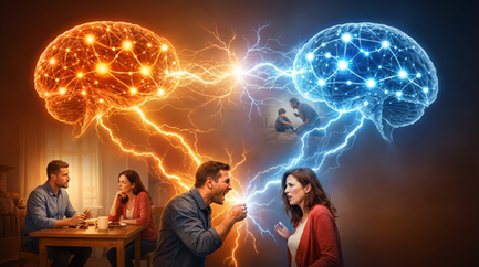 Zwei leuchtende Gehirne, links orange und rechts blau, sind durch elektrische Energie verbunden, darunter ein Paar in einem eskalierenden Streit und im Hintergrund eine belastende Kindheitsszene.