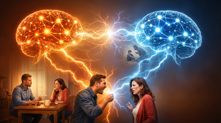 Zwei leuchtende Gehirne, links orange und rechts blau, sind durch elektrische Energie verbunden, darunter ein Paar in einem eskalierenden Streit und im Hintergrund eine belastende Kindheitsszene.