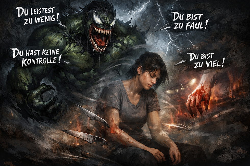 Eine Frau sitzt in sich zusammengesunken da, während hinter ihr eine dunkle, bedrohliche Monsterfigur als Verkörperung von Brunhilde auftaucht. Um sie herum wirbeln Blitze und aufdrängende Gedanken, die ihre innere Anspannung und Dissoziation symbolisieren.