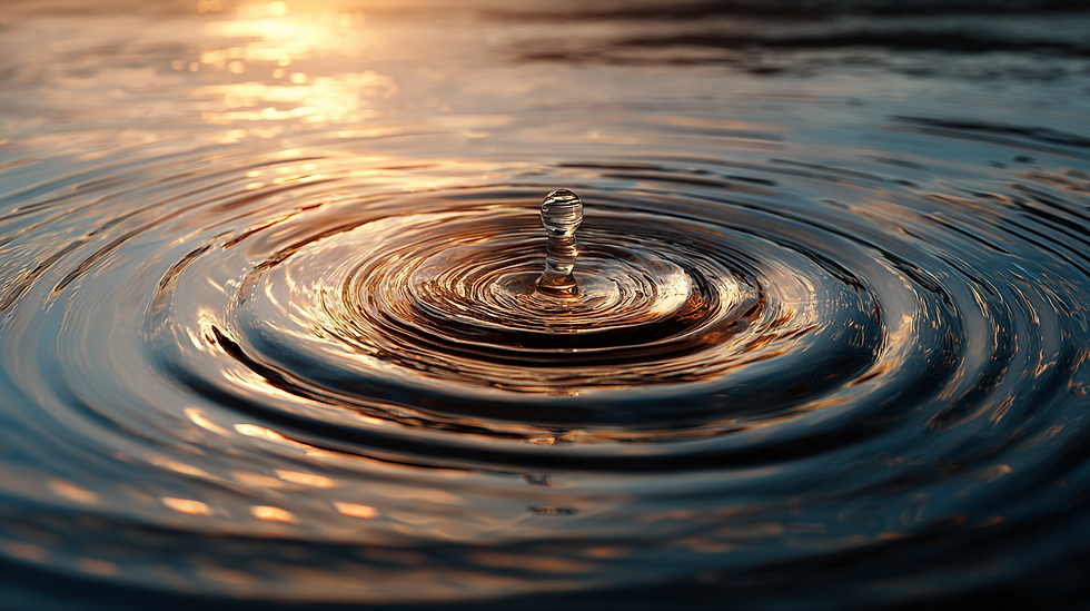 Water droplet creates ripples in a sunset-lit pool, reflecting warm hues of gold and blue, evoking tranquility. No text visible.
