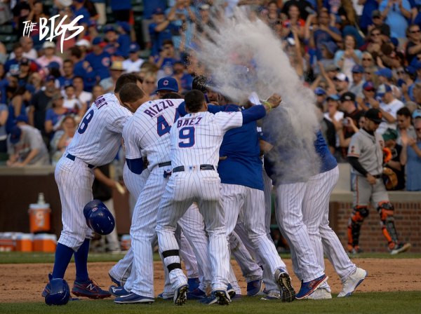The team celebrates after Jason Heyward’s walk-off single (John Alexander/The Bigs Visuals) #TheBIGS