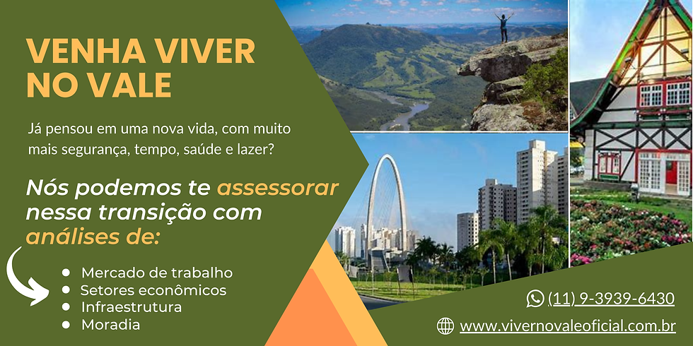 Banner com imagens de cidades do Vale do Paraíba, no estado de São Paulo, com divulgação de assessoria especializada para quem quer mudar de cidade