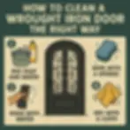 A person cleaning a decorative black wrought iron door using a soft cloth and mild soap