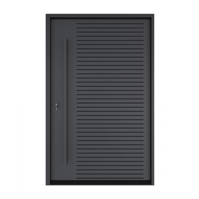 Nova Royal Series Style 011 pivot wrought iron front door by Homenetics with custom glass and steel design