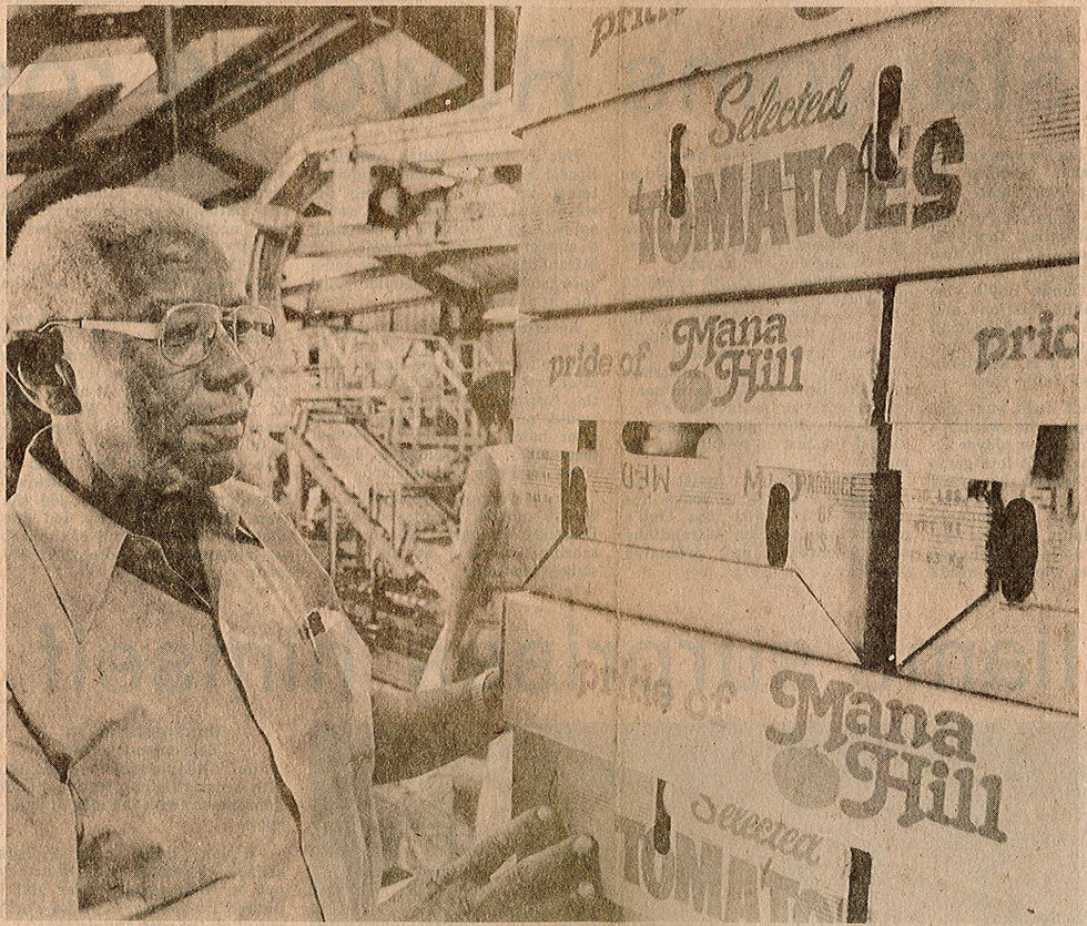 man stands next to stacked boxes of tomatoes