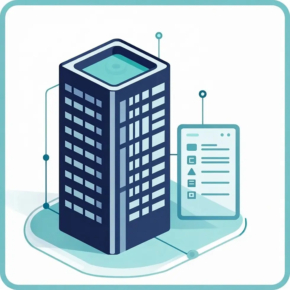 Digital vector illustration of a server tower connected to a digital interface panel representing data management. The clean, modern design uses a blue color palette to symbolize connectivity and technology.