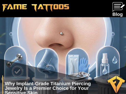 Four pillars showing titanium jewelry, fit, sterile tools, and aftercare supporting a calm nose piercing.