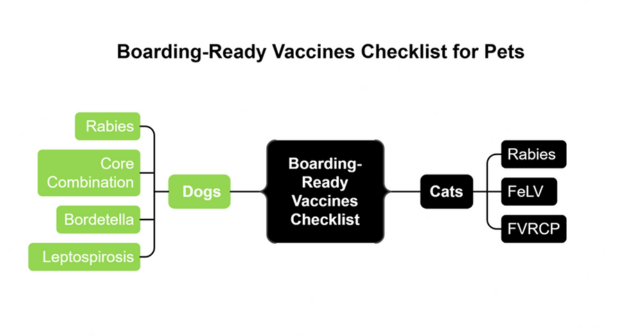 Boarding requires up-to-date vaccines with records verified in advance to ensure smooth, stress-free check-in.