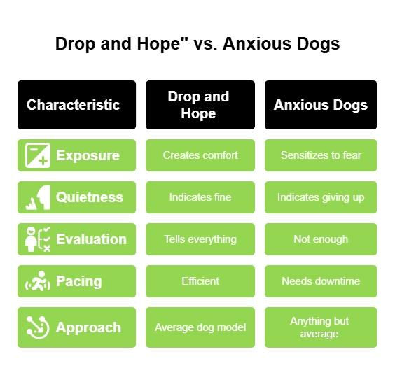 Comparison chart titled “Drop and Hope vs. Anxious Dogs” showing how exposure, quietness, evaluation, pacing, and approach affect average dogs versus anxious dogs.