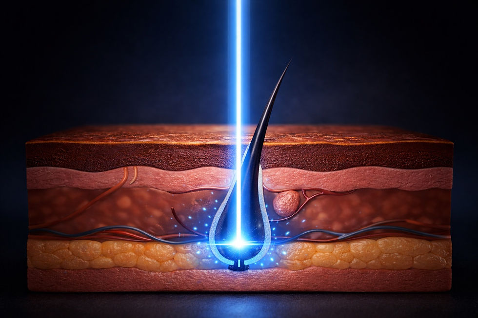 Stylized cross-sectional skin illustration showing a focused blue Nd:YAG laser beam passing safely through deeper skin tones to target a hair follicle below the surface.
