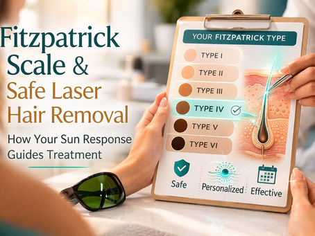 Clipboard of Fitzpatrick skin types with Type IV highlighted, plus illustrated skin cross-section and laser.