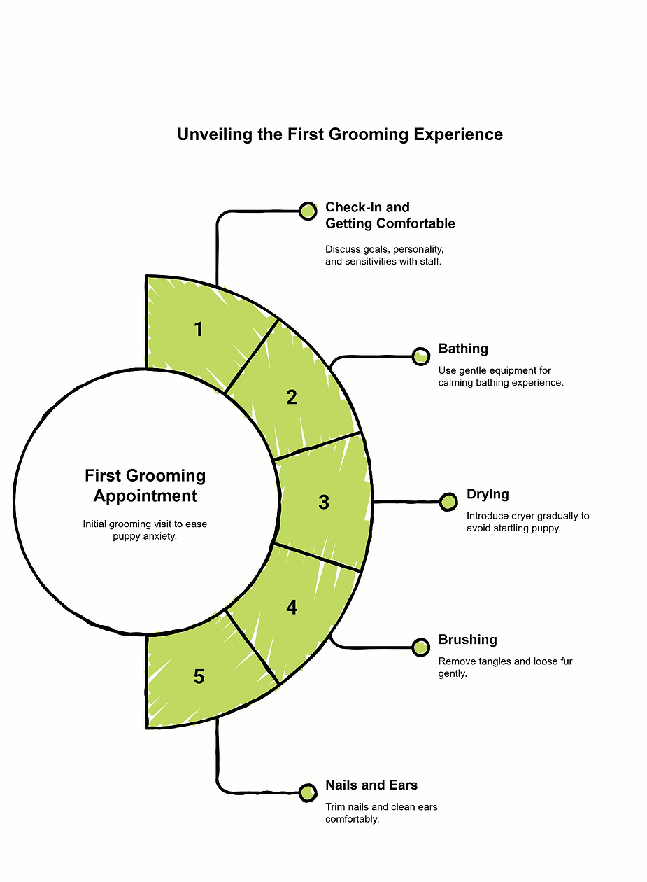 Circular diagram showing first puppy grooming experience steps: check-in, bathing, drying, brushing, and nail and ear care.