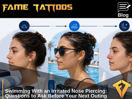 Three-stage timeline showing nose piercing condition before, during, and after pool water exposure.