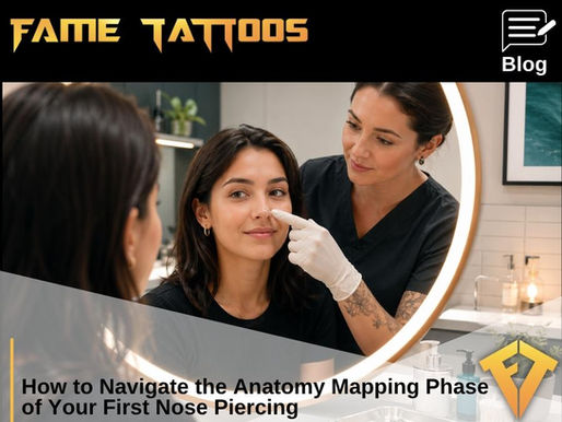 Piercer points to a marked nostril placement while a client checks the position in a lit mirror.