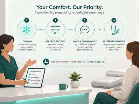 Provider explains laser hair removal cooling, settings, pauses, and aftercare during a calm medspa consultation.