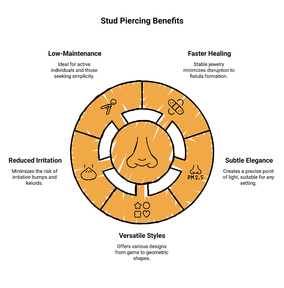 Infographic illustrating five benefits of stud nose piercings: low-maintenance, faster healing, subtle elegance, versatile styles, and reduced irritation, displayed in a circular diagram around a nose icon.