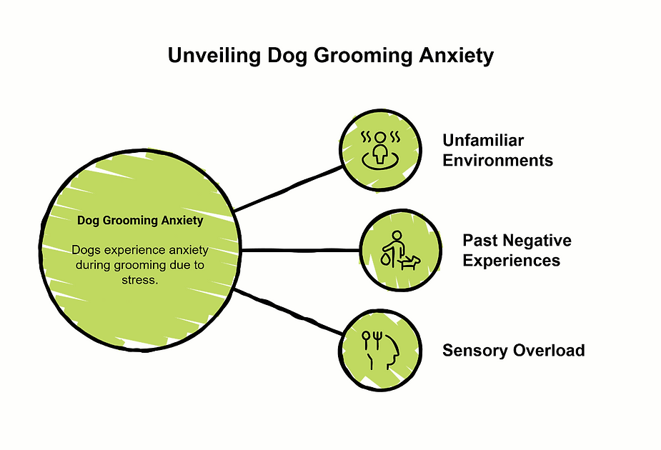 Infographic explaining causes of dog grooming anxiety: unfamiliar environments, past negative experiences, and sensory overload.