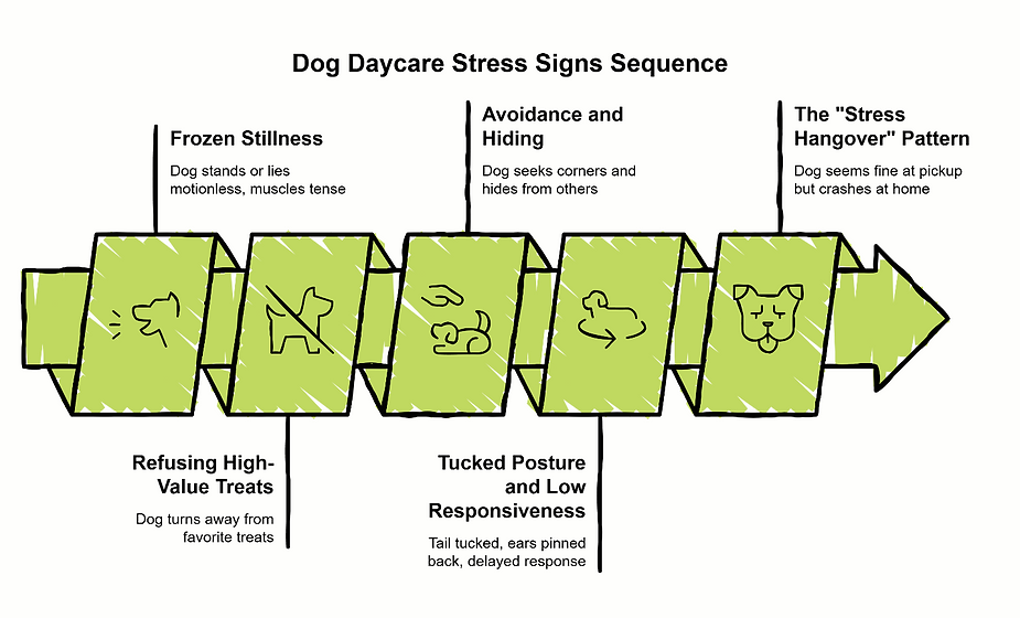 Dog daycare stress signs sequence infographic - 5 warning signs every pet parent should know.