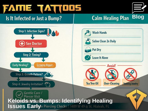 Two-panel infographic: symptom checklist plus decision flow to distinguish irritation, infection, or keloid and next steps.