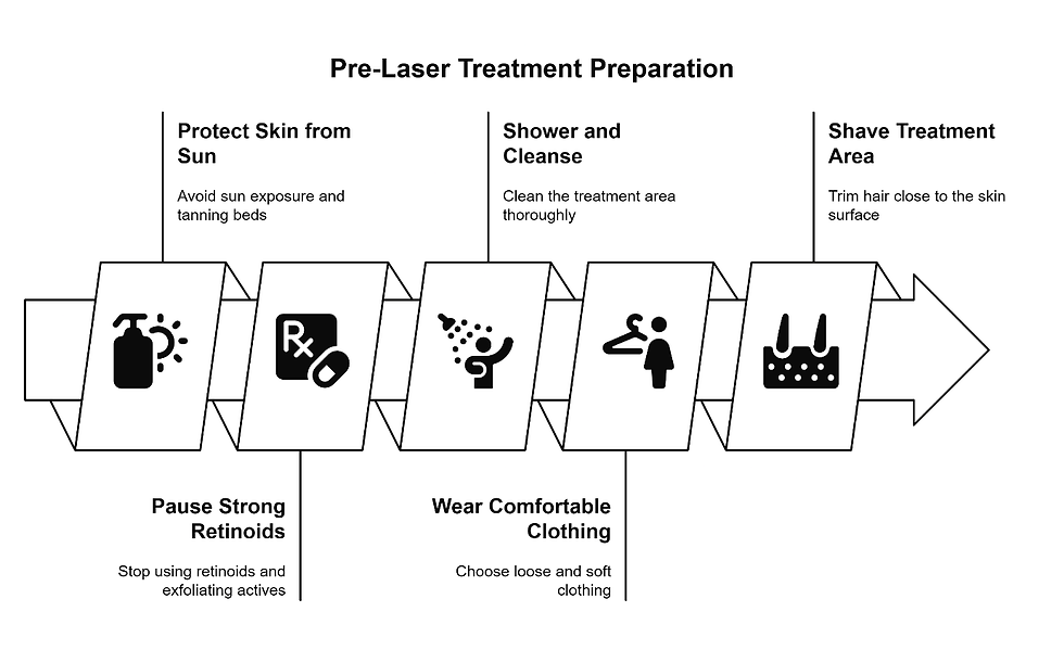 Laser hair removal prep checklist infographic showing how to protect skin from sun, stop strong actives, cleanse, shave, and dress comfortably before treatment.
