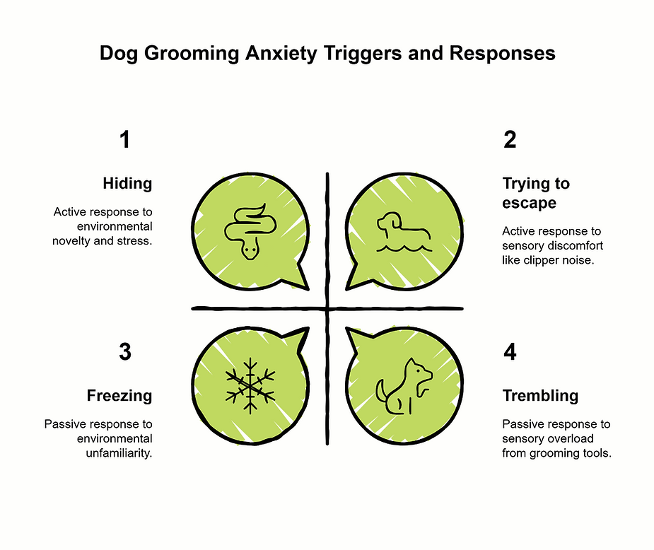 Diagram showing four dog grooming anxiety responses — hiding, escaping, freezing, trembling — with brief causes.