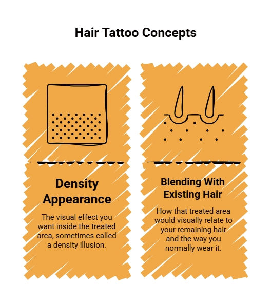 Hair tattoo concept guide explaining density appearance and how scalp micropigmentation can visually blend with existing hair and the client’s usual hairstyle.