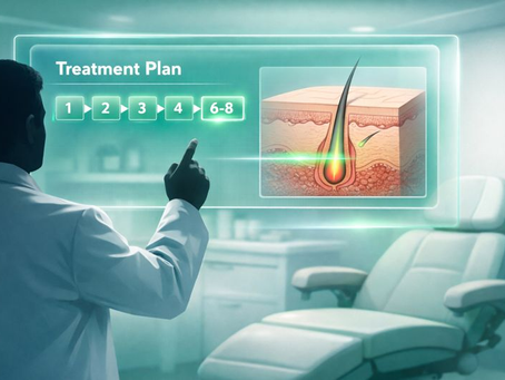 Clinician pointing at a digital treatment plan with a skin cross-section showing a laser targeting a hair follicle.