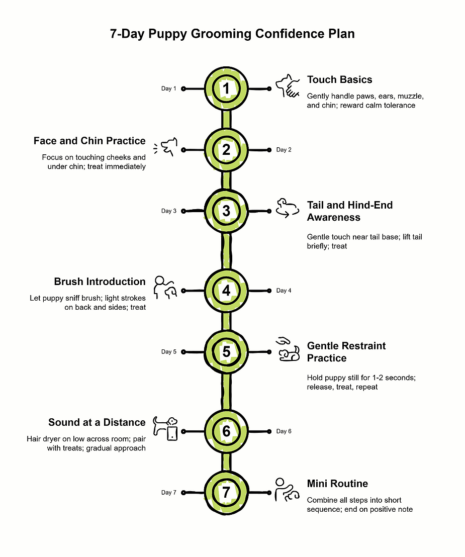7-day puppy grooming confidence plan infographic showing daily steps from touch basics to mini routine for first-time grooming prep.