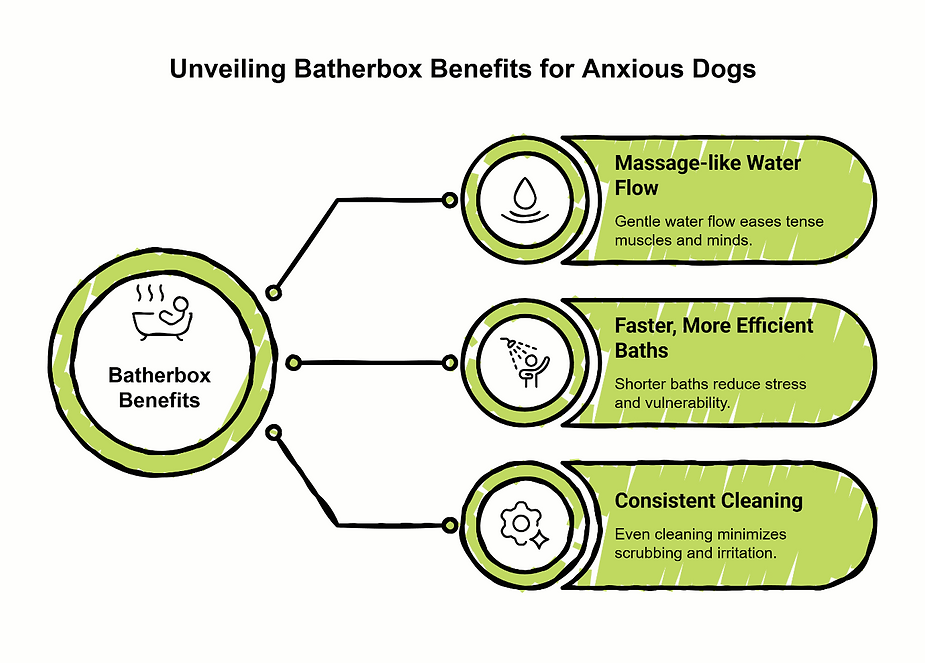 Infographic showing Batherbox benefits for anxious dogs: massage-like water flow, faster baths, and consistent cleaning.