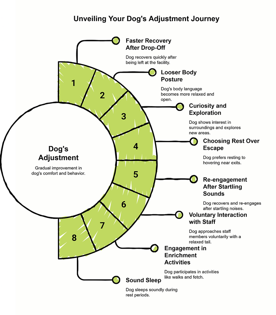 8 signs of a dog's adjustment journey at dog boarding and daycare.