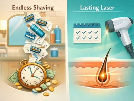 Infographic: two paths — recurring shaving costs & razor bumps vs. one-time laser treatment plan and time saved.