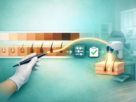 Illustration of a personalized laser hair removal plan matching skin tone and hair type to safe treatment settings.