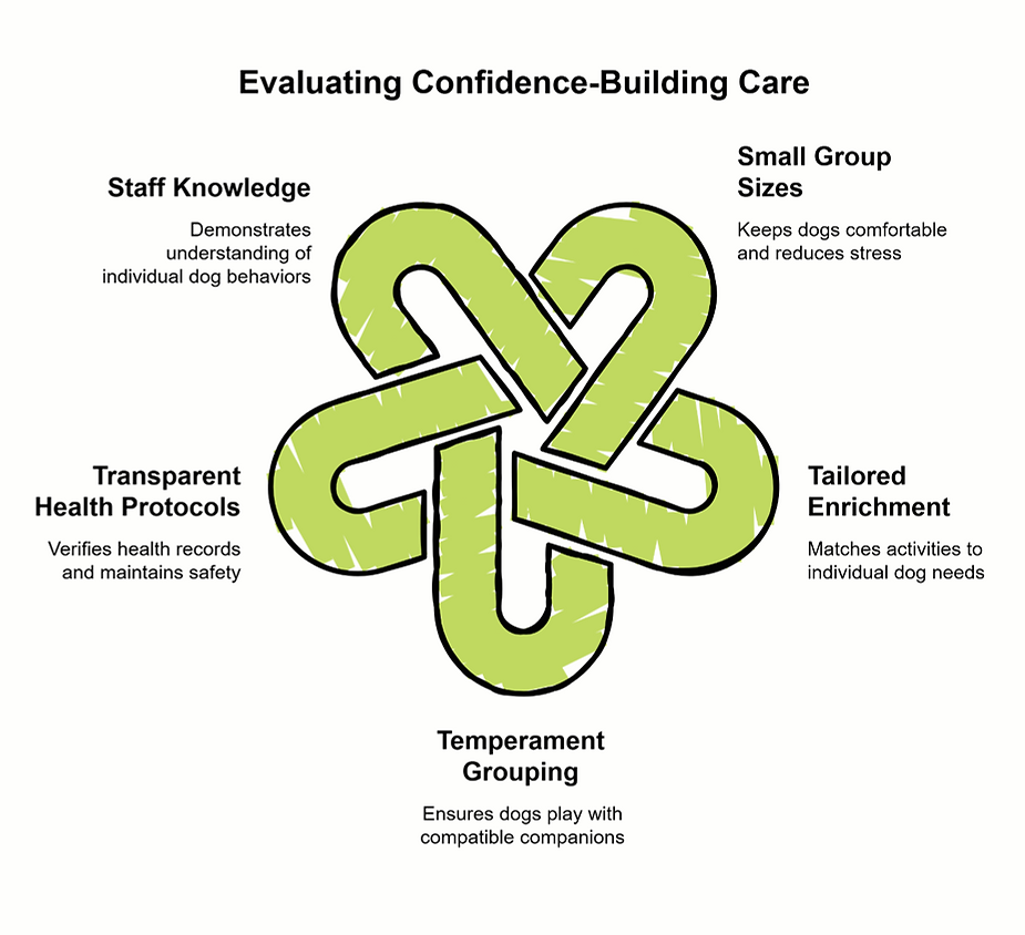 Five confidence-building care criteria for dog boarding and daycare.