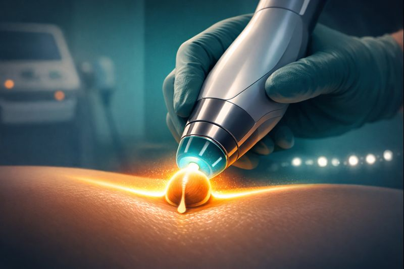 Stylized illustration of a clinician gliding a cooled sapphire-tipped Motus AZ Moveo laser across skin, warm-stone feel.