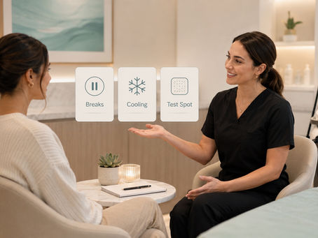 Laser consultation scene with provider explaining breaks, cooling, and test spots to a first-time client.