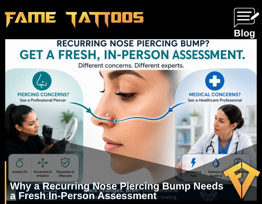 Split graphic showing a piercer and doctor assessing different causes of a recurring nose piercing bump.
