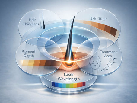 Conceptual medical-aesthetic illustration showing a single hair follicle at center while translucent layers representing hair diameter, pigment depth, skin tone, body area, and wavelength align around it, illustrating biology-matched laser precision and customized treatment planning.