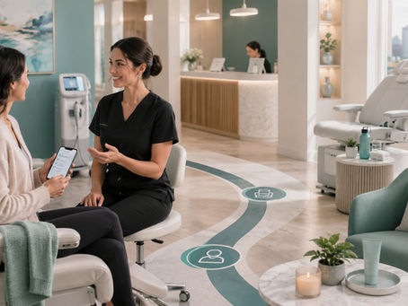 Client consulting with a medspa provider in a calm laser hair removal clinic with a soothing, modern interior.