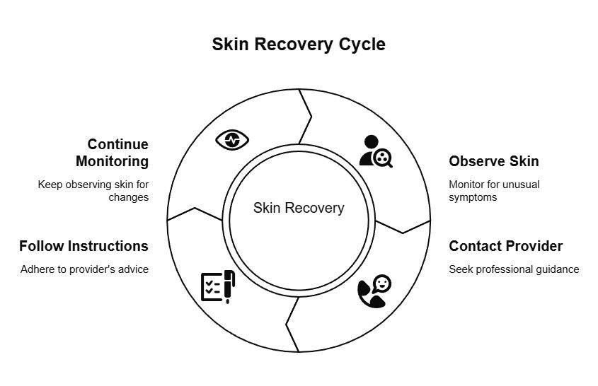 Skin recovery cycle graphic showing steps to observe skin, contact a provider, follow instructions, and continue monitoring after treatment.
