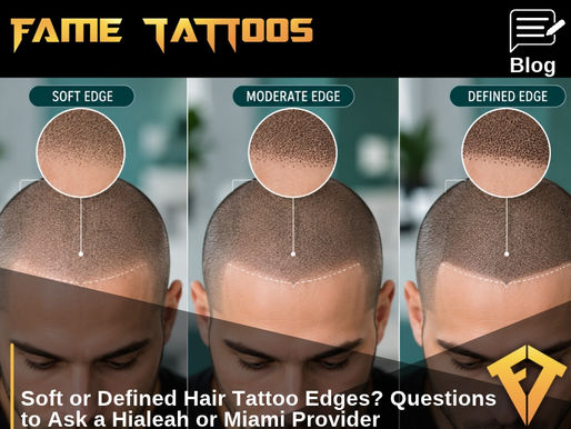 Three scalp micropigmentation examples compare soft, moderate, and defined hairline edge transitions.