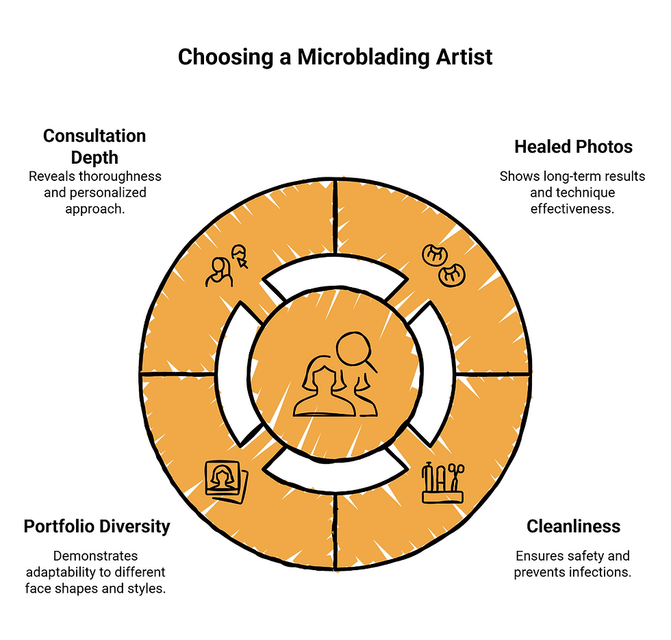 Microblading artist selection guide featuring consultation approach, healed result examples, hygiene practices, and diverse portfolio work in circular diagram.