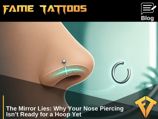 Illustration of a nose stud with a glowing inner piercing channel and a hoop waiting nearby.